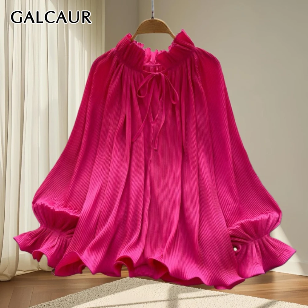 

GALCAUR Solid Spliced Lace Up Chic Shirt Female Stand Collar Long Sleeve Loose French Elegant Women's Shirts Autumn Fashion New