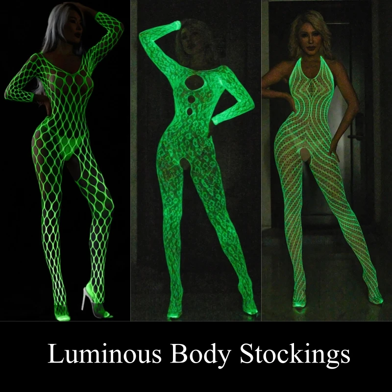 Magic Luminous Fishnet Body Stockings for Moving One-pieces Mesh See Through Bodysuit Fancy Glow In The Dark Nightwear Lingerie