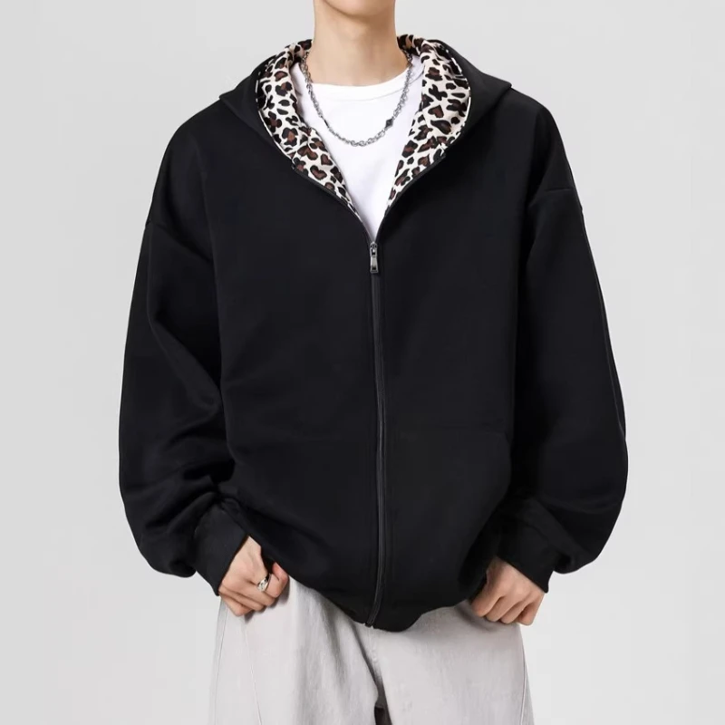 Leopard Print Splicing Hooded Sweater Men's Casual Versatile Cardigan Jacket Men's High-end Spring Sweater Women