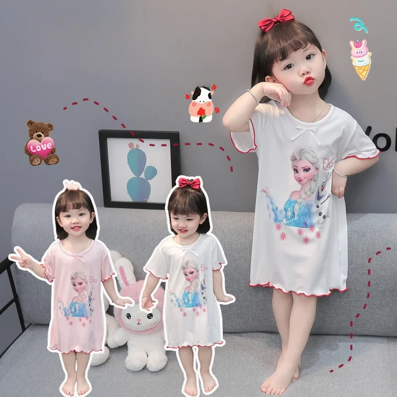 Summer Thin Sleepwear Princess Short Sleeved Dress Clothing Cartoon Cute Baby Girl Short Sleeved Casual Dress Home Wear