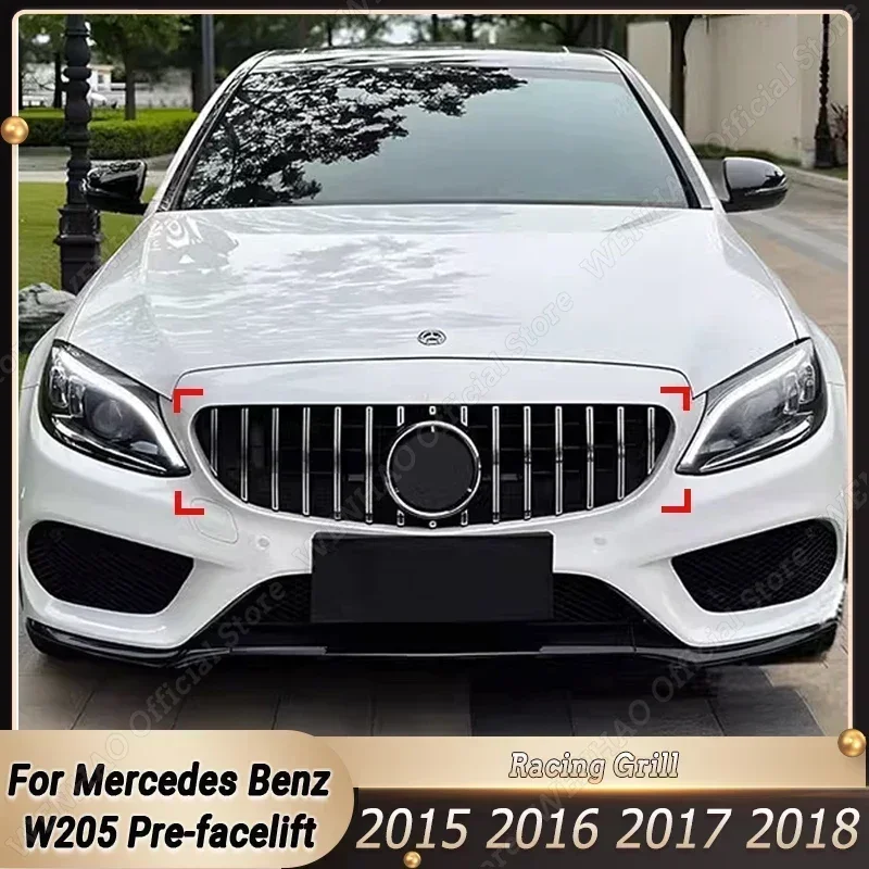 GT Style Car Front Bumper Grille Grill for Mercedes Benz C Class W205 C200 C250 C300 C350 2015-2018 Pre-facelift Replacement