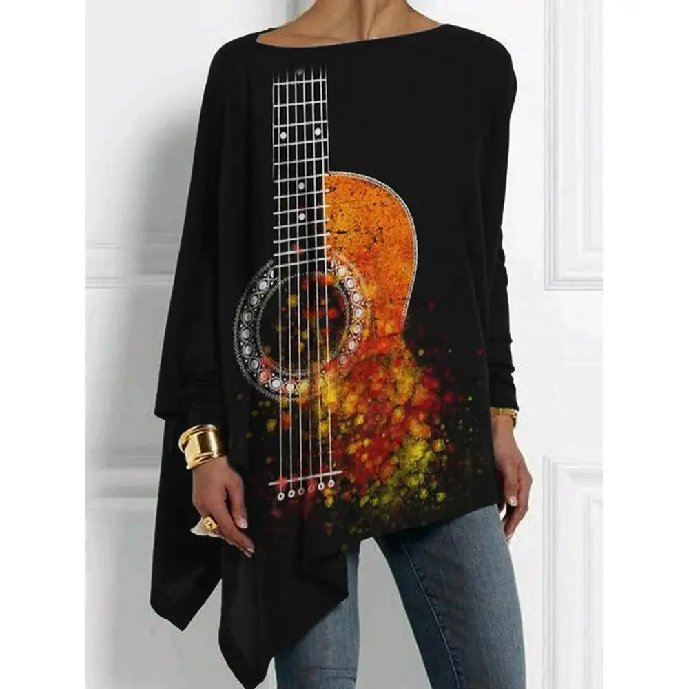 

Women's Bohemian-style Printed Long-sleeved Asymmetrical Black Guitar-inspired Loose-fitting Casual Tops Music Lovers Apparel