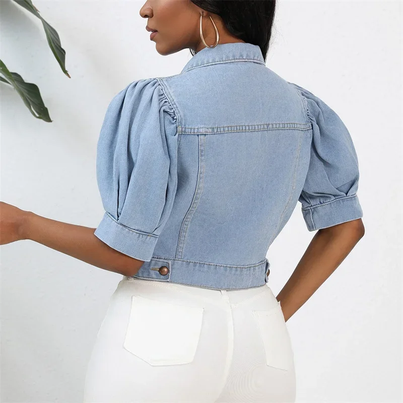 Fashion Pleated Bubble Short Sleeve Denim Jacket Women Lapel Single-breasted Cardigan Short Outerwear Daily Casual Commuter Coat