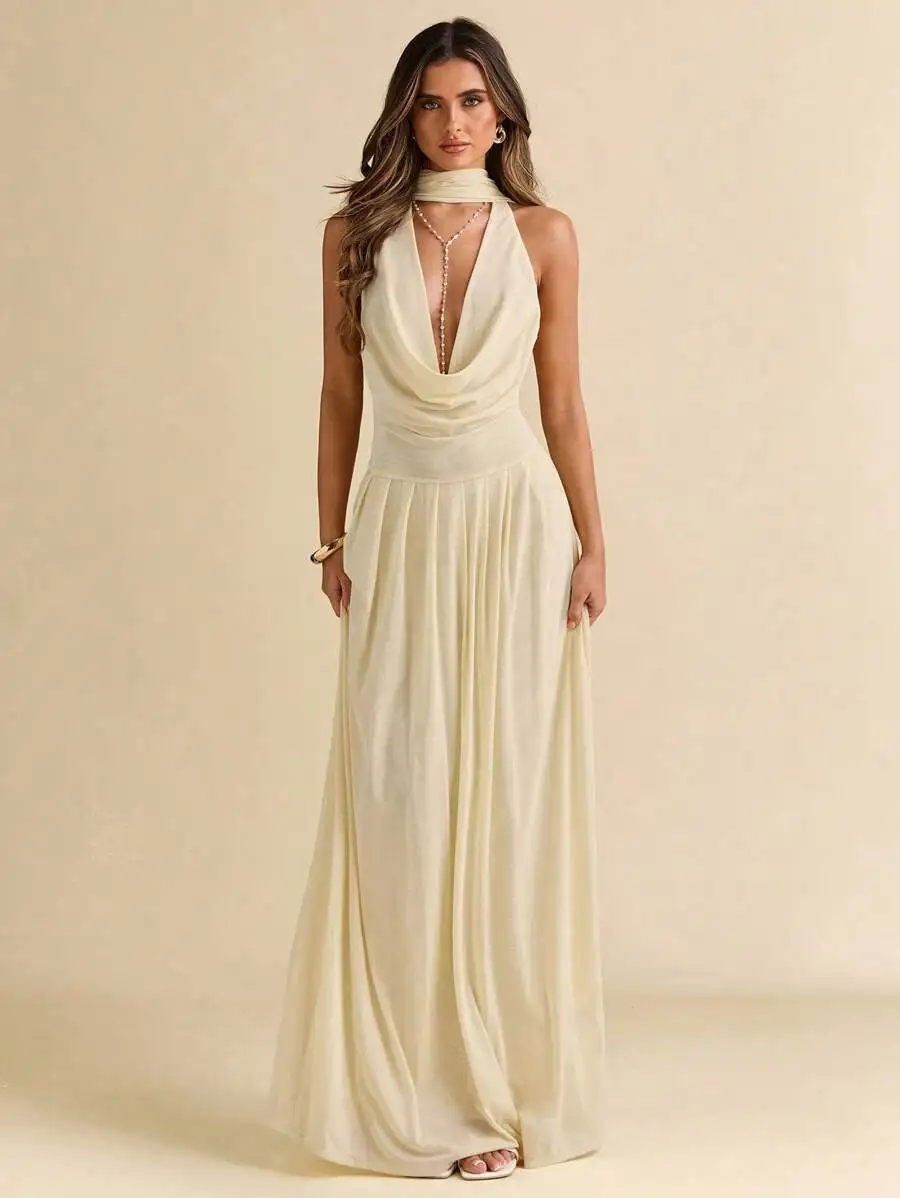 

Women's Cream Solid Draped Cowl Neck Backless Maxi Dress