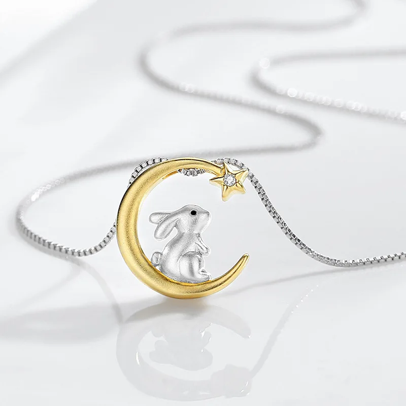 Foydjew New Fashion Cute Moon Rabbit Pendant Necklaces Clavicle Chain Women Creative Design Bunny Animal Jewelry Birthday Gifts