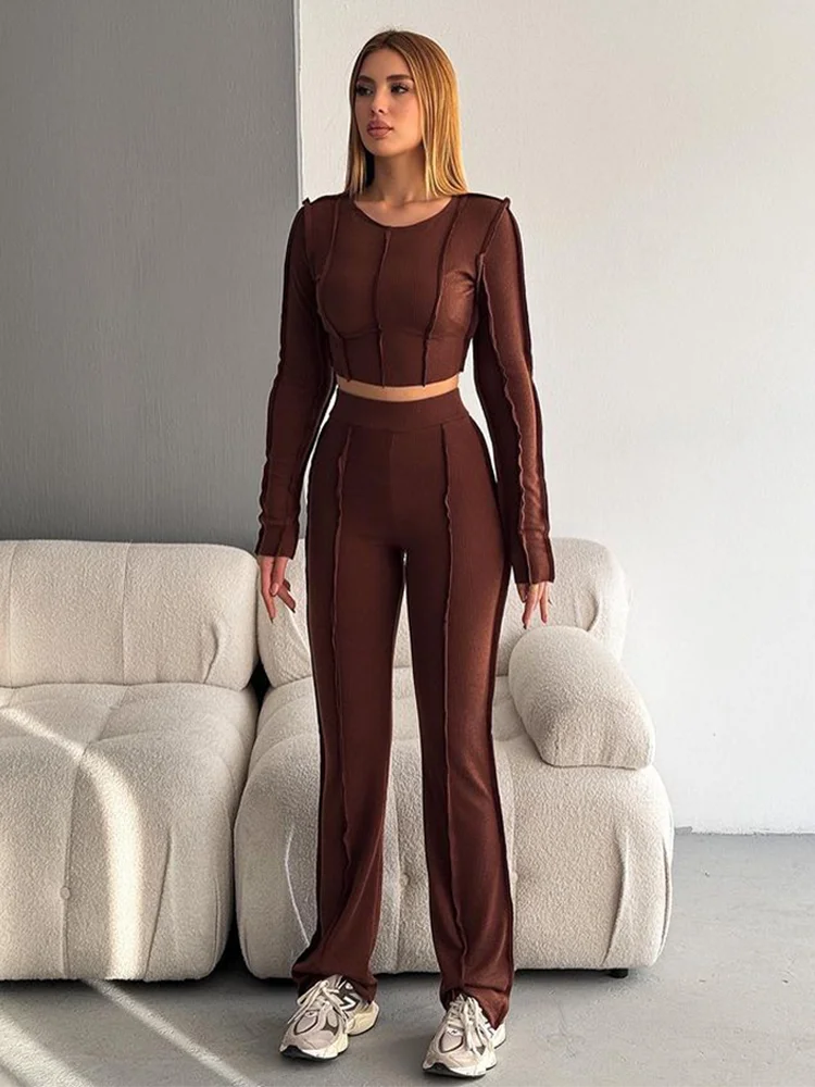 Absobe Solid Irregular Patchwork Trousers Leisure Suit Women Crew Long Sleeve T-shirt Pants Slim Versatile Outfit Streetwear