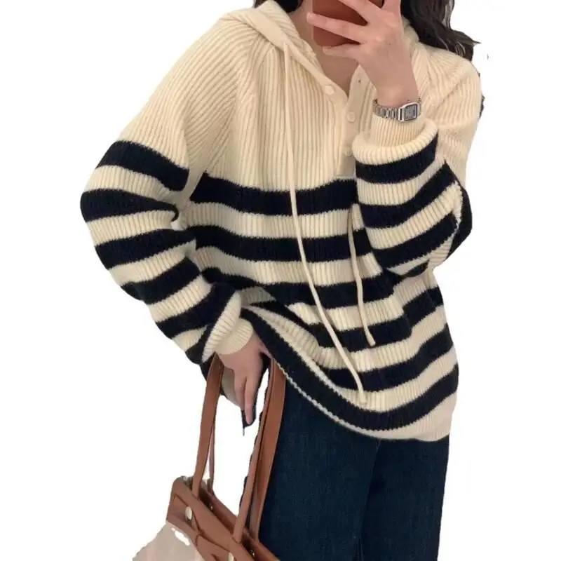 Camisola feminina menina inverno pulôver com capuz camisola de malha listrado bloco de cor manga longa fino ajuste moda topos casual faculdade