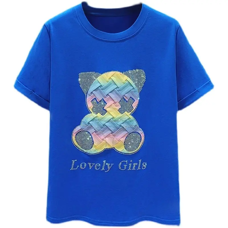 

New Product Letter Hot Drill Lovely Girl T Shirt Summer Loose Small Size Blue Cotton Tees Colorful Print Cat Casual Tops Female