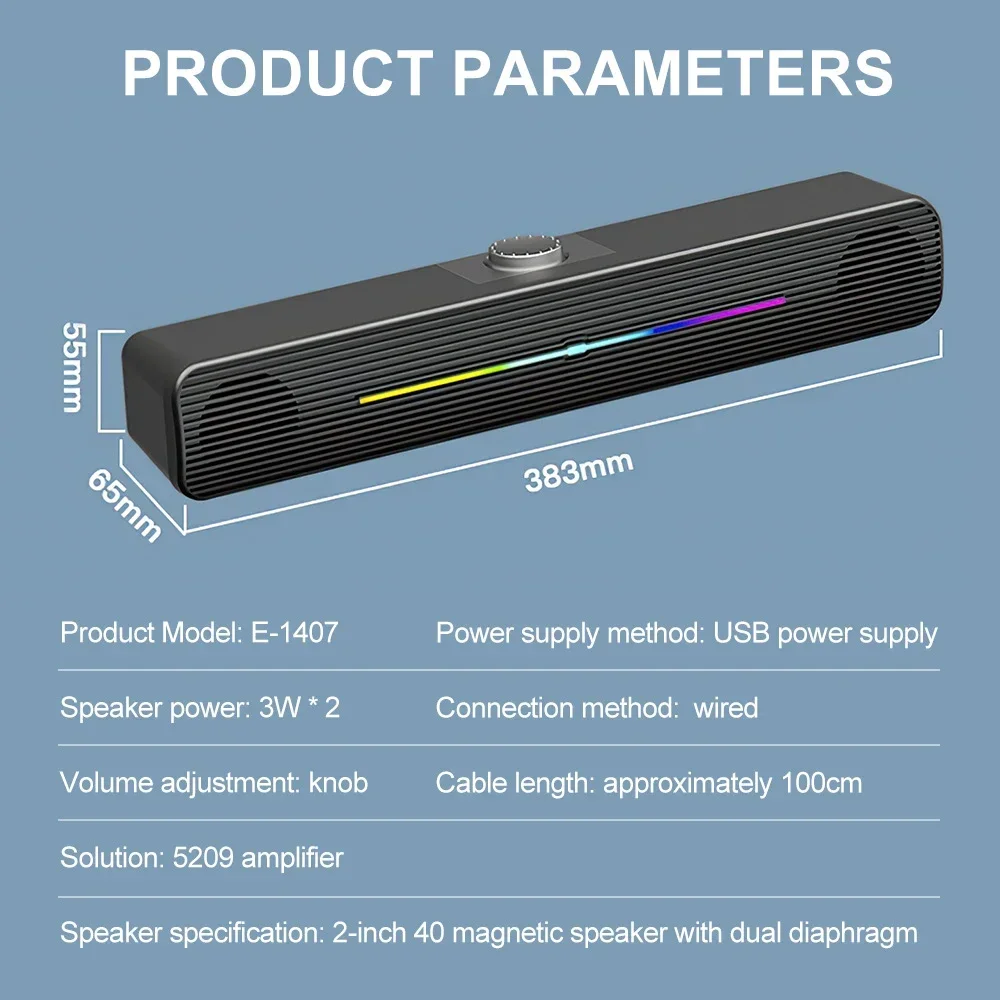 Computer Sound Bar Subwoofer RGB Cable Wireless PC Laptop Desktop USB Multimedia Small Speaker Long Strip Luminous TV Bar Speak