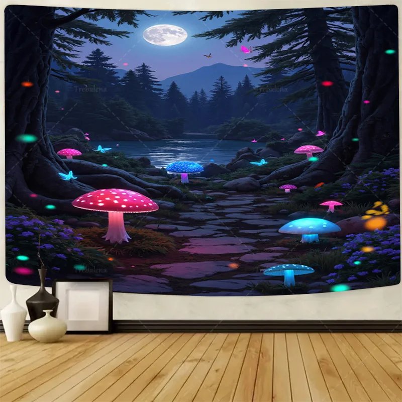 

1pc Wall Tapestry Enchanted Forest Tapestry with Glowing Mushrooms and Moonlit River Scene
