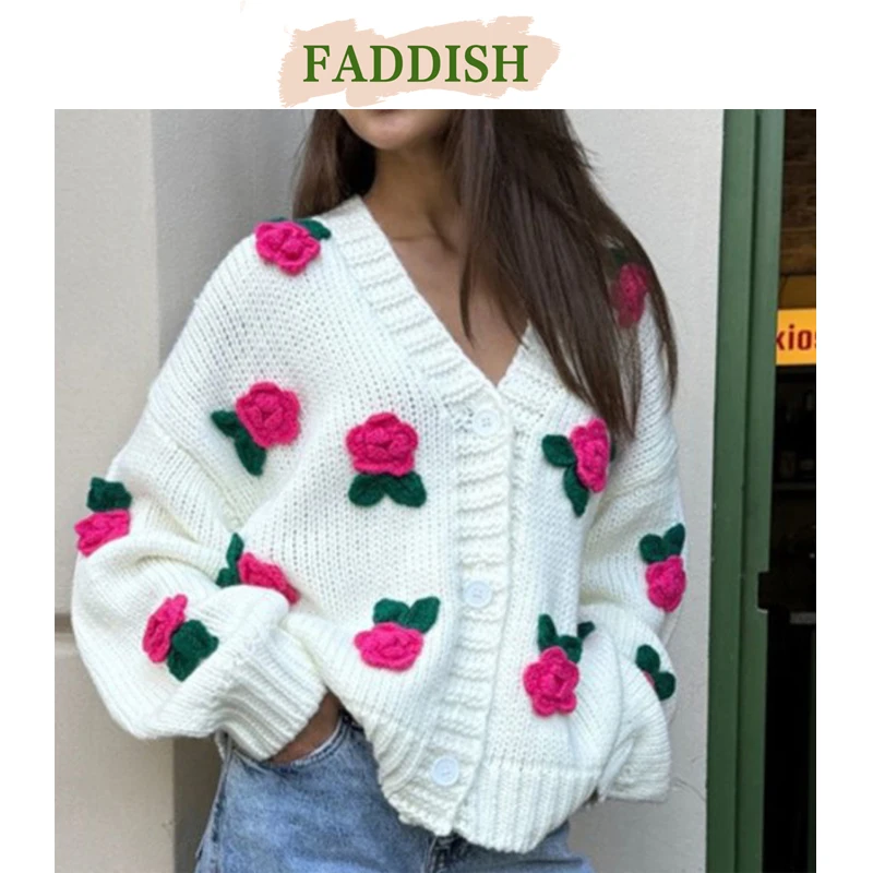 FADDISH 2024 Autumn Winter Woman Fashion V-Neck Single Breasted Knit Sweater Female Casual Loose Long Sleeve Cardigan Outerwear