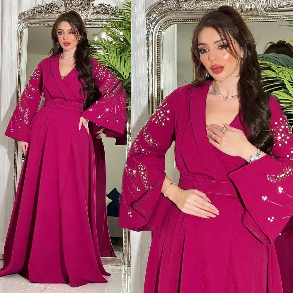 

Eid Belted Dress Diamonds Printed Jalabiya Muslim Abaya Women V-neck Arab Lace-up Gown Long Robe Trumpet Split Sleeves Clothing