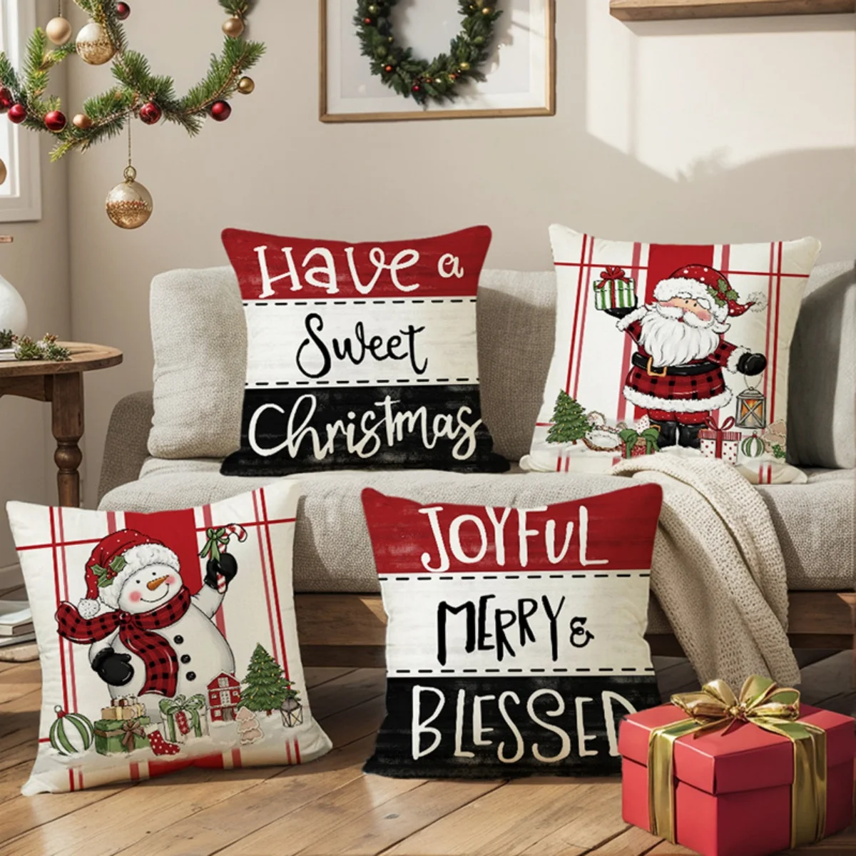 Plaid Santa Snowman Christmas Quote Print Pillow Covers Set of 4, Winter Holiday Cushion Cases for Sofa Home Decor