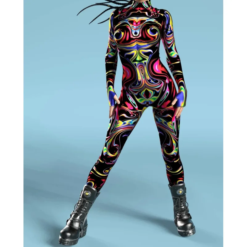 Multicolors printed costume long sleeve sexy women cosplay costume front zipper jumpsuit carnival carnival costume 2023