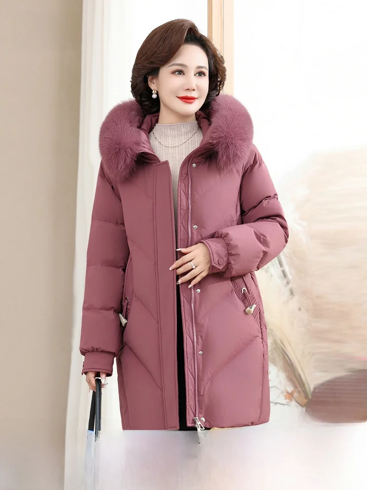 

Snow Flying Spring Summer New Ladies Mom Style Mid-Length Hooded down Jacket Large Fur Collar Color Fashionable Warmth
