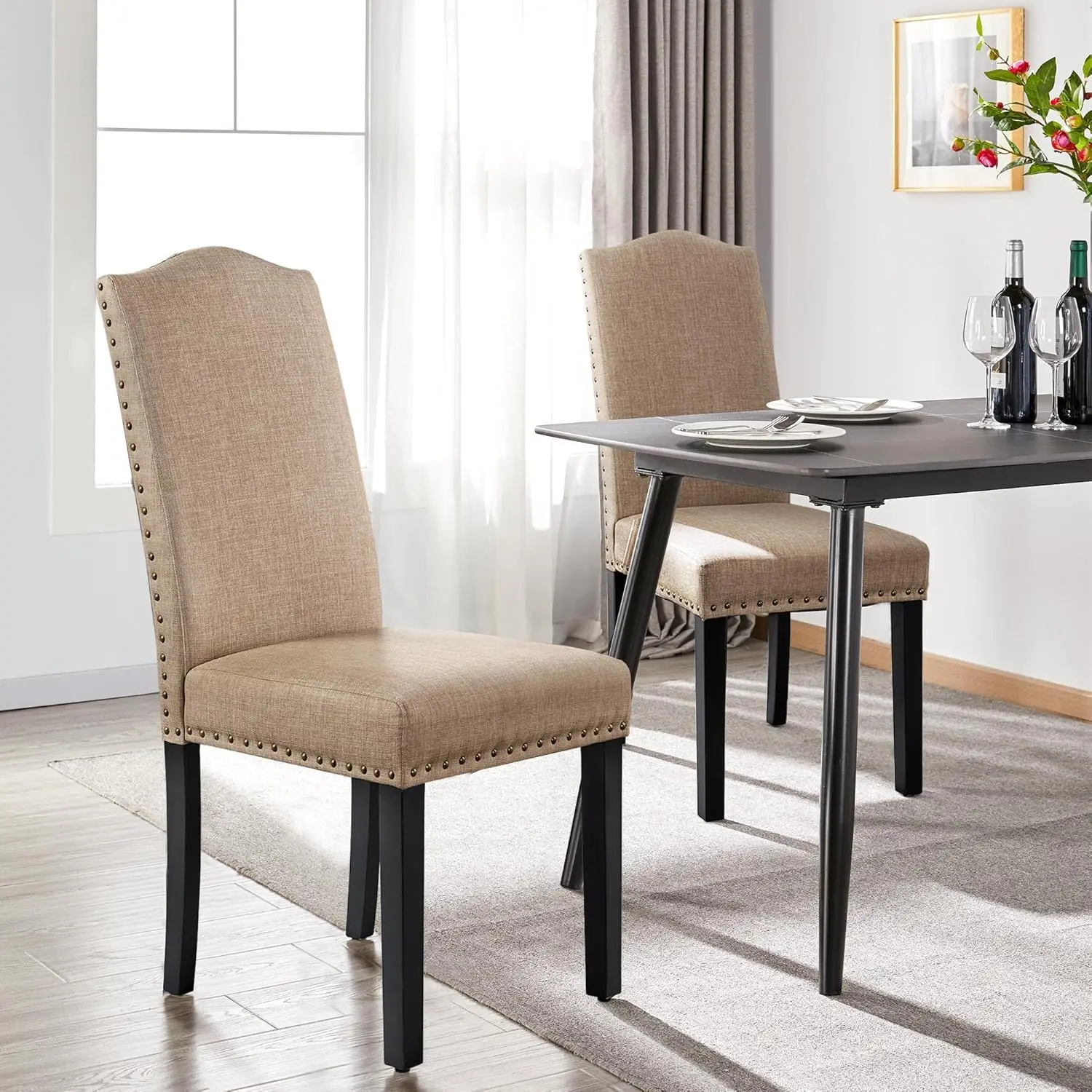 Parsons Dining Chairs Set of 6, Fabric Dining Room Chairs Side Chair with Nailhead Trim and Wood Legs for Living Room, Padded