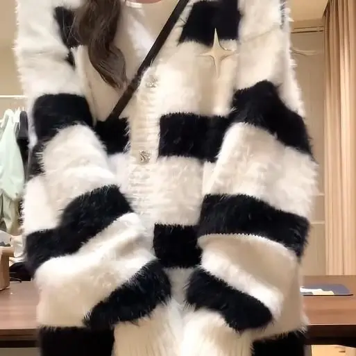 

Homemade Trendy Imitation Mink Fur Cardigan Sweater Loose and Versatile Striped Knitted Top Lazy Jacket