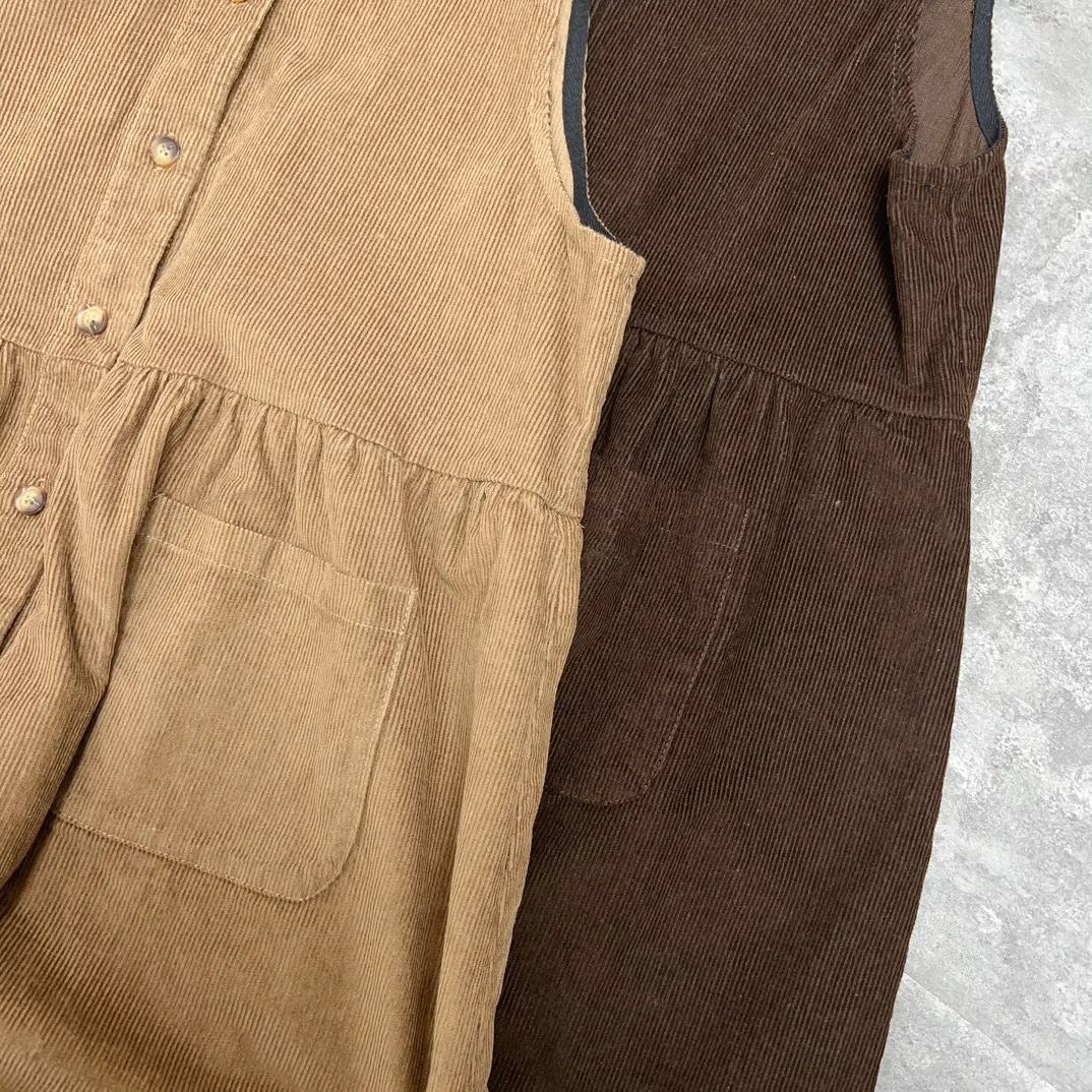 Johnature Corduroy button-down vestjurk voor dames Grote zakken Casual veelzijdige katoenen dames tankjurken