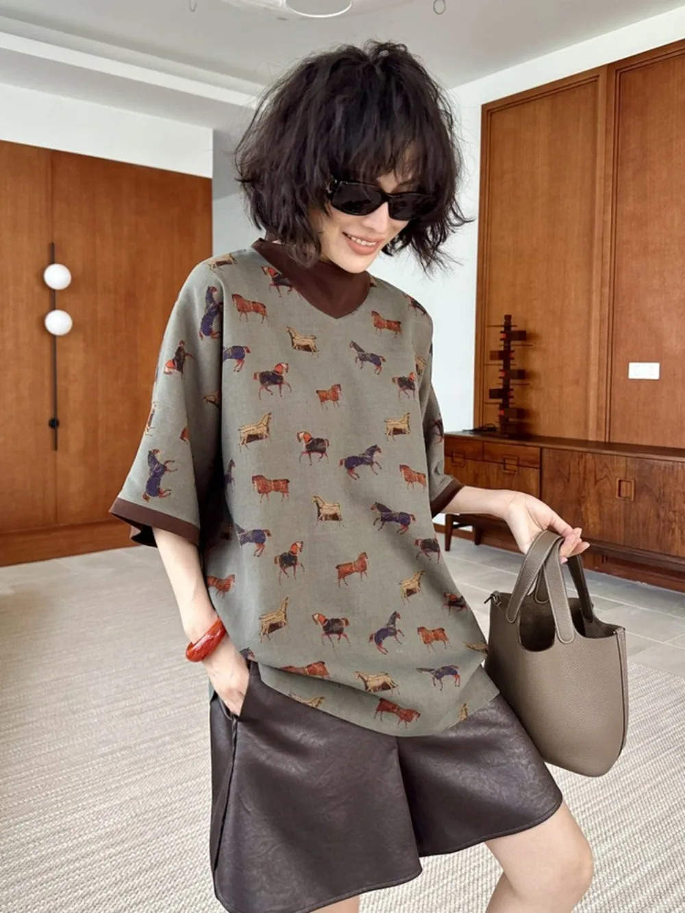 

Color Block Tee 2025 Summer Print Design Logical Positivism Aesthetic Oversized Round Neck Womens Fashion Top