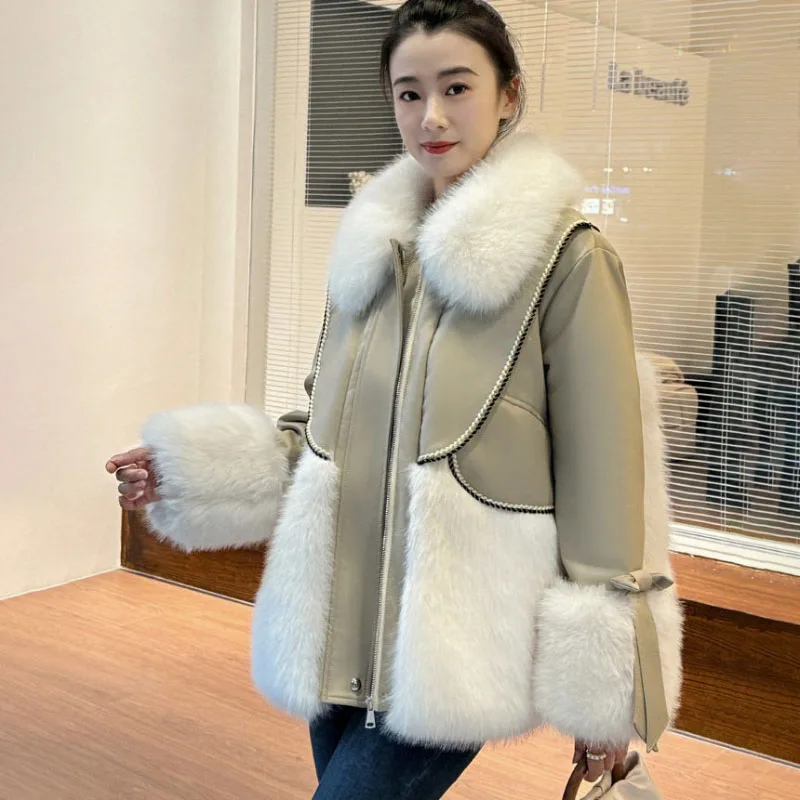 Fur One Plus Velvet Thicken Warm Parker Coat Autumn Winter New Fashion Stitching Ladies Long Mao Mao Leather Coat Women Overcoat