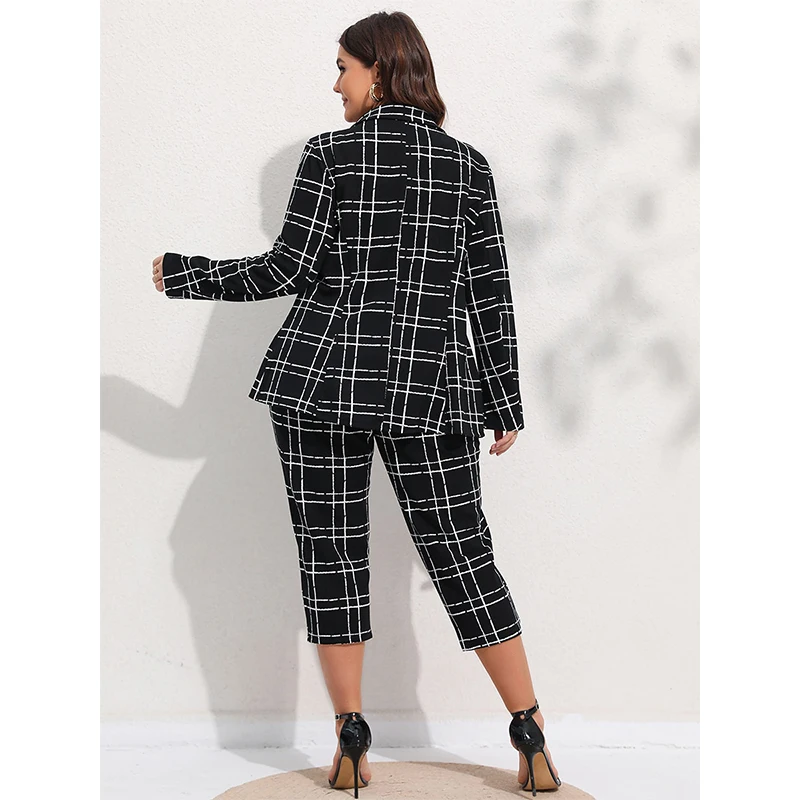 Plus Size Women Blazers Plaid Button FrontSuits Workplace Sets Casual Blazer & Cropped Pants 2023 New Spring And Summer Clothing