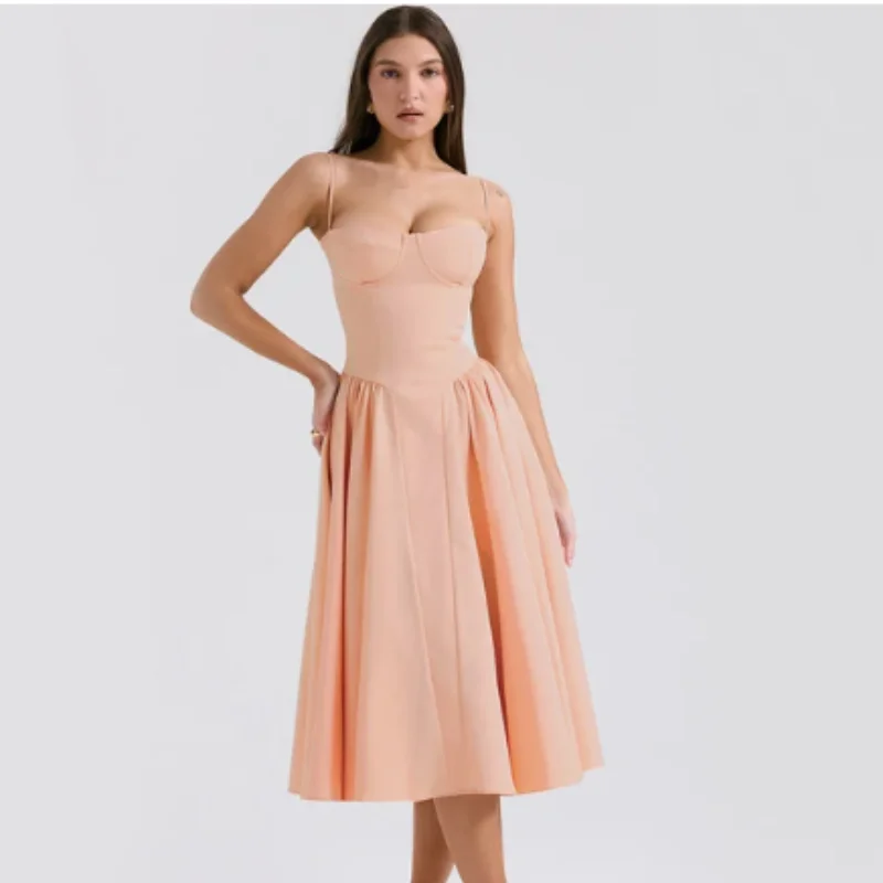 

Pink Summer Dress 2024 New Arrivals Spaghetti Strap Elegant Midi Dress Fit and Flare Dress Sexy Women's Clothing