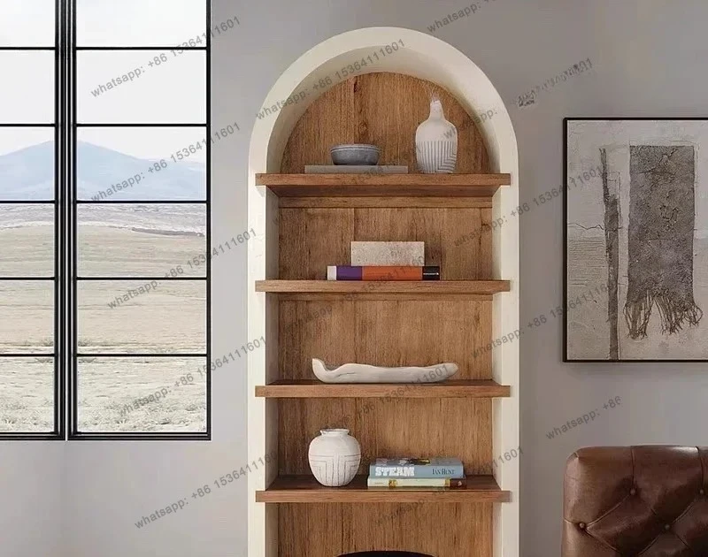 American light luxury solid wood bookcase simple living room two-color doorless storage rack retro arched decorative cabinet
