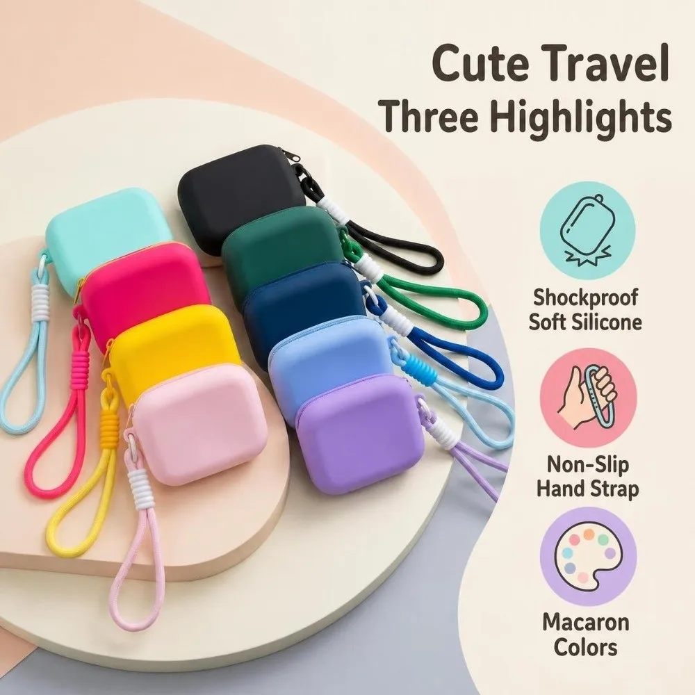 Fashion Silicone Coin Purse Soft Waterproof Zipper Wallet Mini with Lanyard Headphone Key Storage Bag for Women Girls