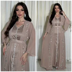 Muzułmańskie Bliski Wschód Diamenty Jalabiya Damski 2-częściowy zestaw sukienek Dubaj Turcja Kaftan Abaya Marocain Robe Arabska Djellaba Eid Gown