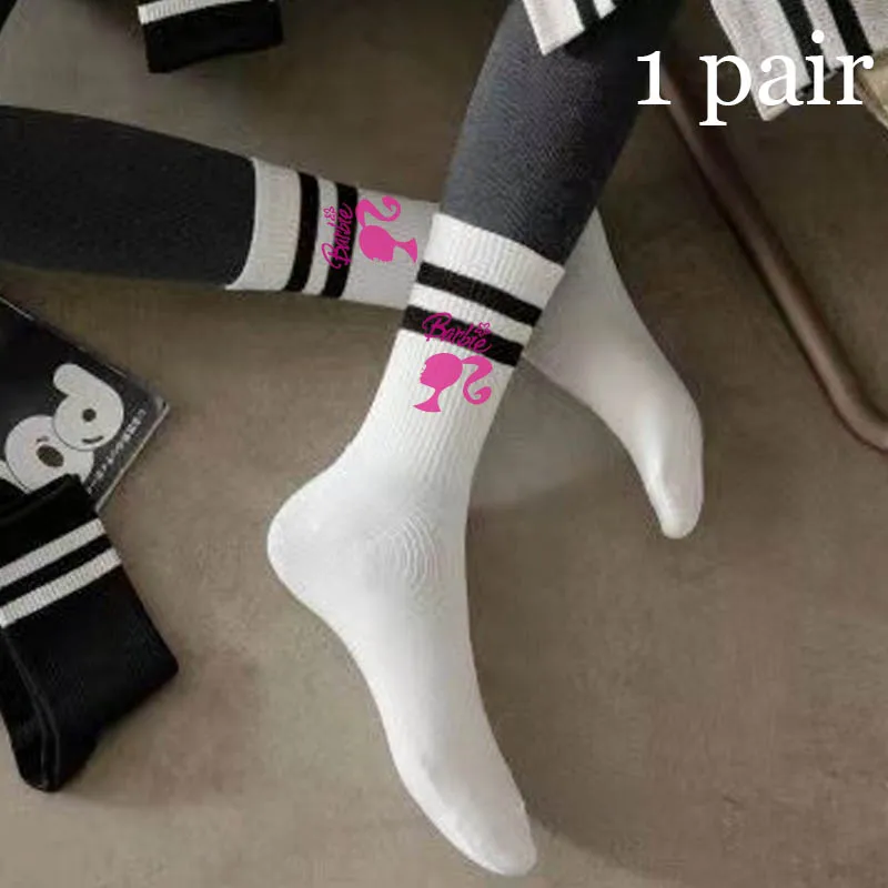 

1 Pair Barbies Cartoon Women's Mid Length Socks Solid Color Parallel Stripe Simple Fashion Sports Sweat-Absorbing Ladies' Socks