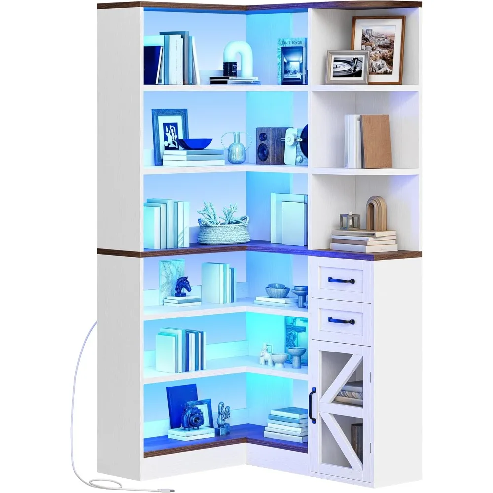 Corner Bookshelf with Storage, Farmhouse 6-Tier Bookshelf with Drawers and Cabinets, L-Shaped Bookcase LED Lights Corner Displa