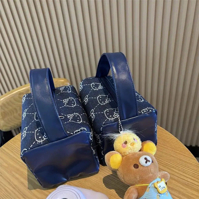 헬로 키티 데님 핸드백 Sanrio Anime Wash Bag 대용량 메이크업 케이스 휴대용 토트 패션 가방 여성용 배낭 선물
