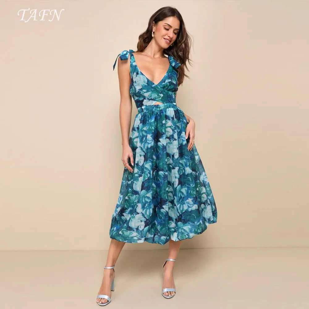 TAFN Floral Prom Gown V-Neck Sleeveless Evening Dresses A-line Draped Tea-Length French vestidos de festa Custom Made