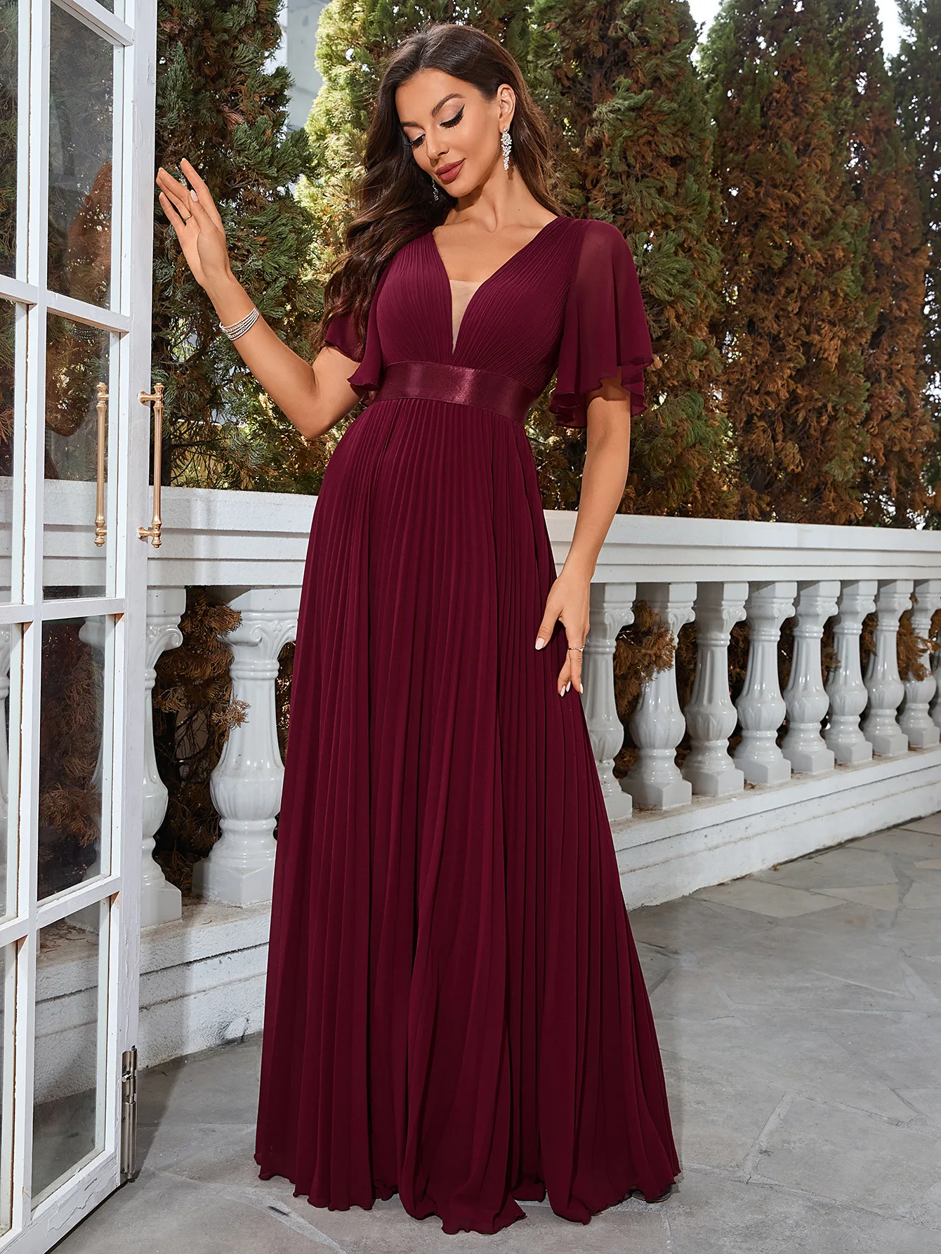 2025 Vintage New Year Women's Dress Wedding Dress In Burgundy Chiffon Long Evening Dress Red Christmas Dress