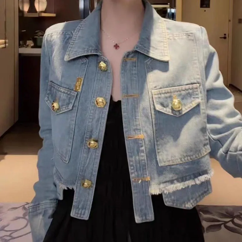 

Ladies Spring Autumn New Fashion Denim Jacket Design Sense Casual Joker Irregular Tide Long-Sleeved Female Lapel Denim Jacket