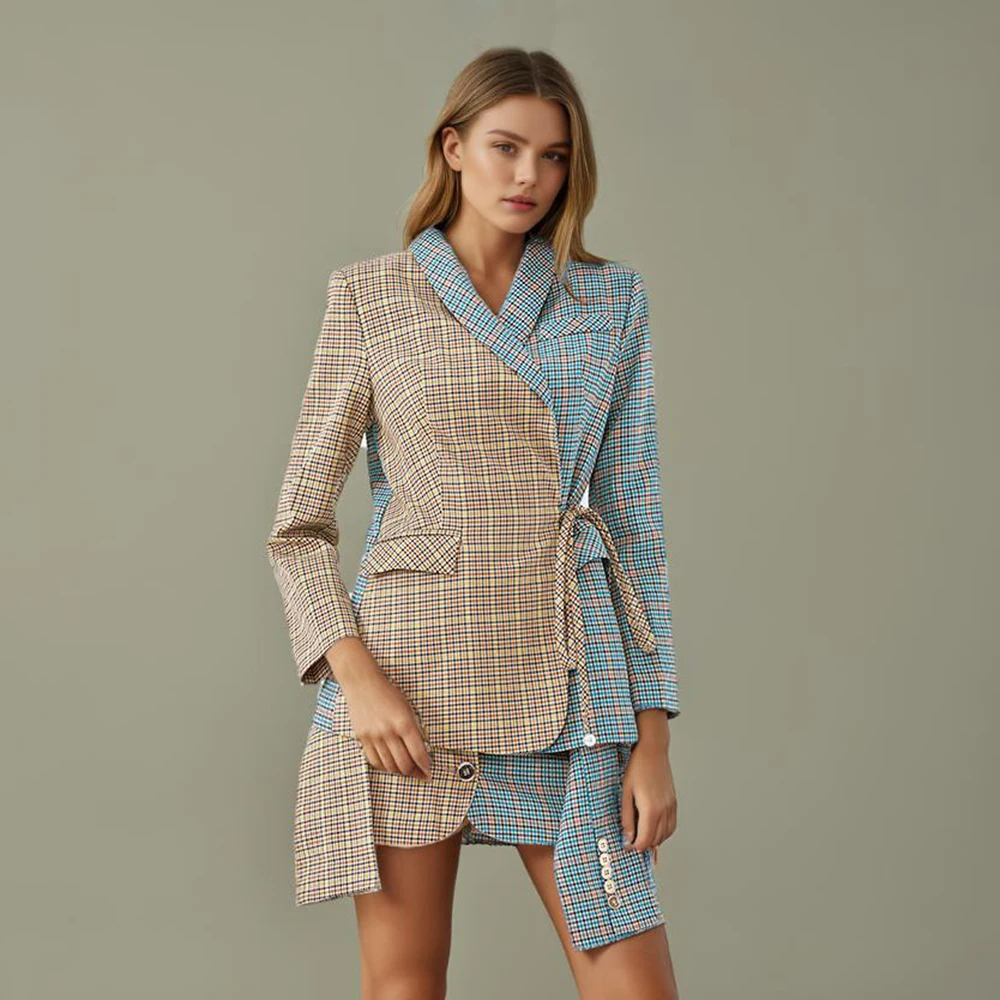 Hit Color Plaid Two Piece Set For Women Notched Collar Long Sleeve Blazer A Line Skirts Casual Sets Female Fashion New