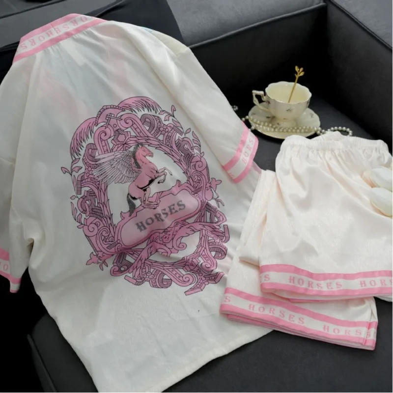 

2025 Pink Horse Three Piece Set Ice Silk Pajama Women Short Sleeve Pants Fashion Print Spring Summer Satin Nightgown Sleepwear