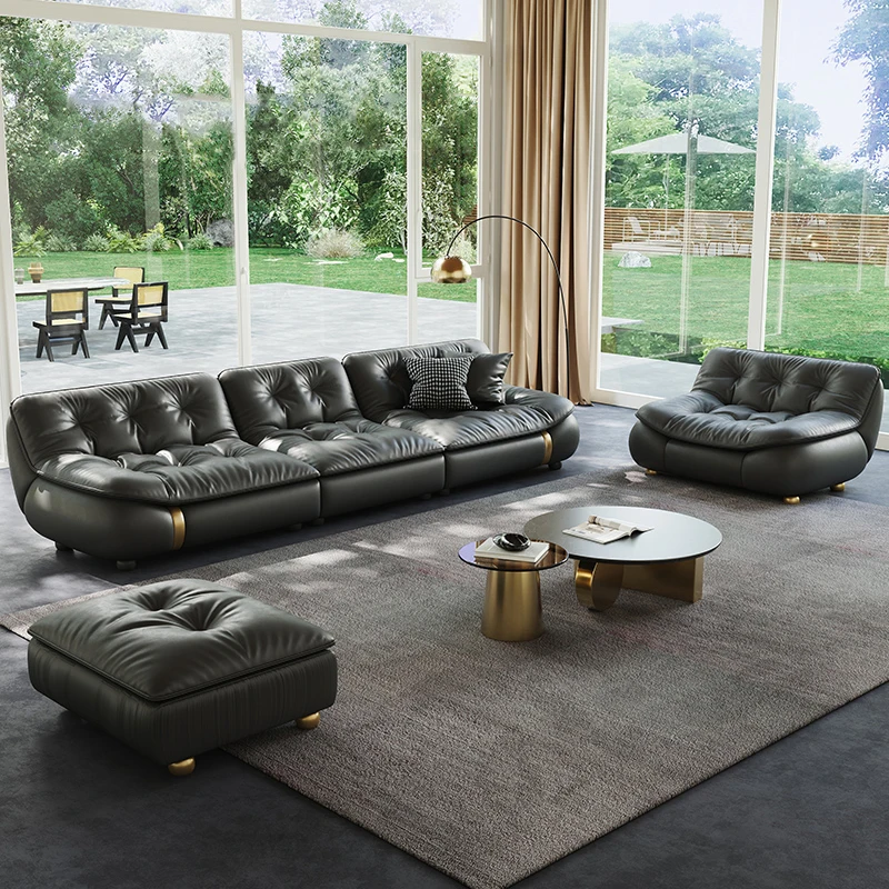 Modern Luxury First Layer Cow Leather Vertical Row Sofa For Living Room Black High-End Design For Sailboat Villa Mansion
