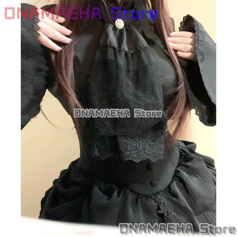 

ONAMAEHA*/Готическая белая рубашка в стиле Y2K Lolita для женщин, панк-блузка с рюшами и кружевом, расклешенные рукава, черная, в стиле кавай, викторианский винтажный топ
