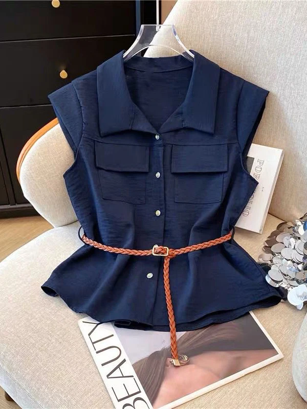 Slimming  Neck Sleeveless Shirt Women's Summer New Style Fashionable with Belt Casual Loose Fit  Color Commute Style