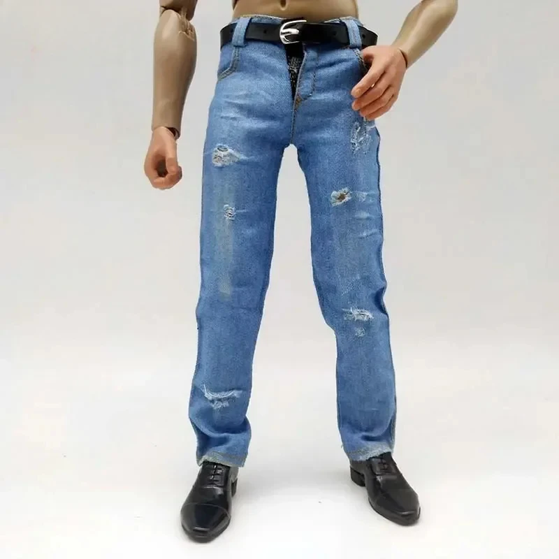 Calça jeans rasgada azul escala 1/6, faça calças velhas com cinto preto, modelo de roupas para boneco de ação de soldado masculino de 12