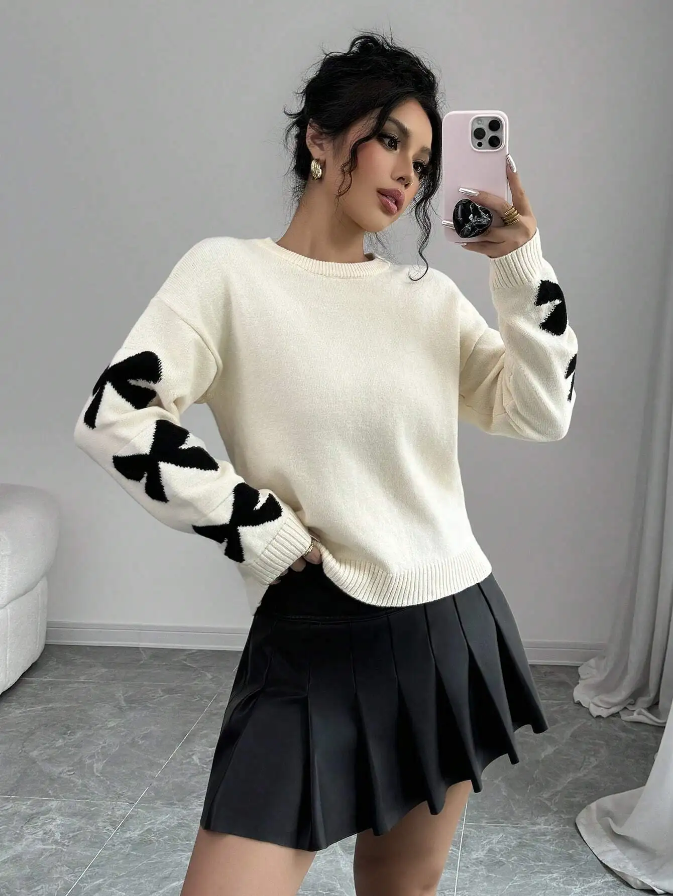 Vielseitiger Strickpullover mit Schleifenärmeln für Damen, Frühling und Herbst, lockerer, vielseitiger, lässiger, süßer Strickpullover