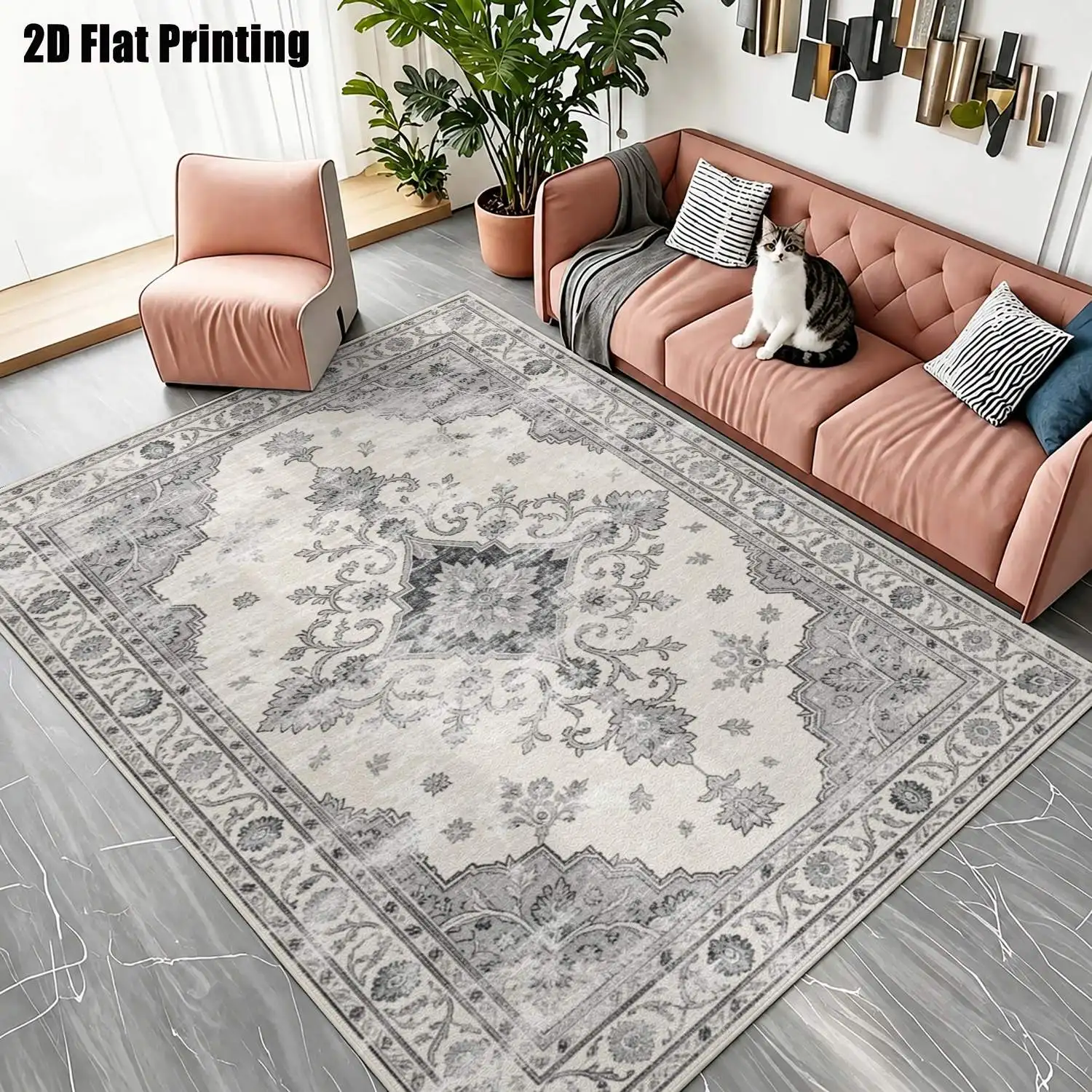 1Pc 2D Printed Carpet: Blue-Grey Retro Floral Pattern, European/Vintage/Geometric/Bohemian Style, Multi-Size, Machine Washable, for Entrance, Living Room, Bedroom, Dining Room, Foyer Home Decor