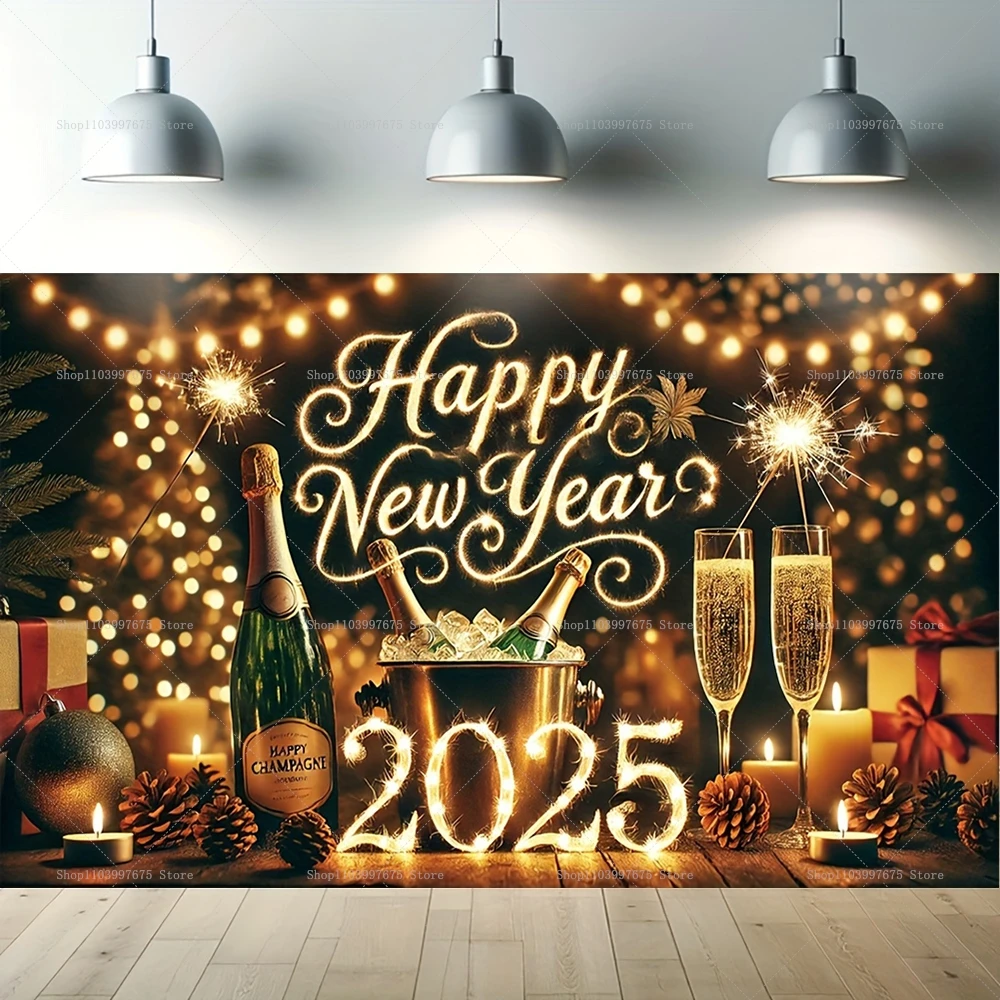 Happy New Year Photo Background Champagne Wine Glasses Celebrate Backdrop Banner 2025 New Years Eve Party Decoration Supplies