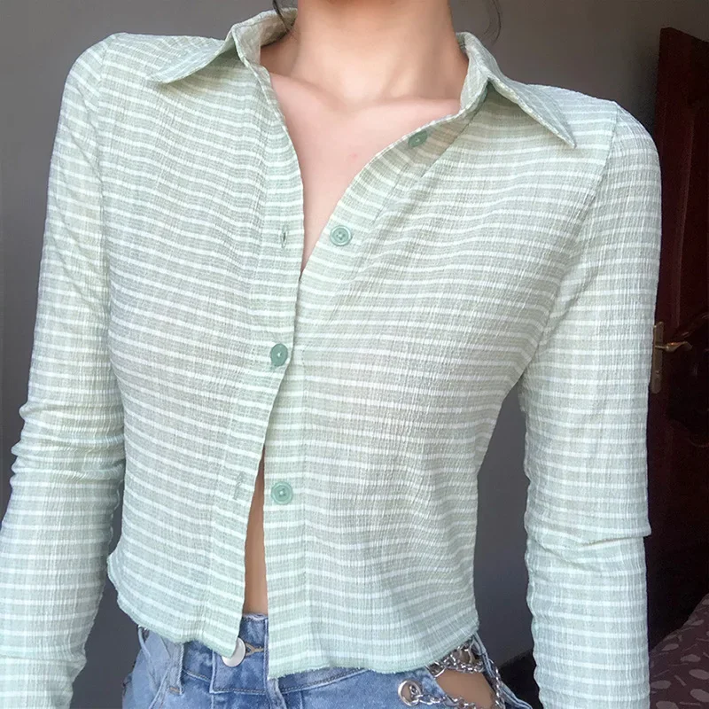 Retro Ladies Spring  Long-sleeved Short-slim Fashion Single-breasted Checkered Lapel Long-sleeved Single-breasted T-shirt