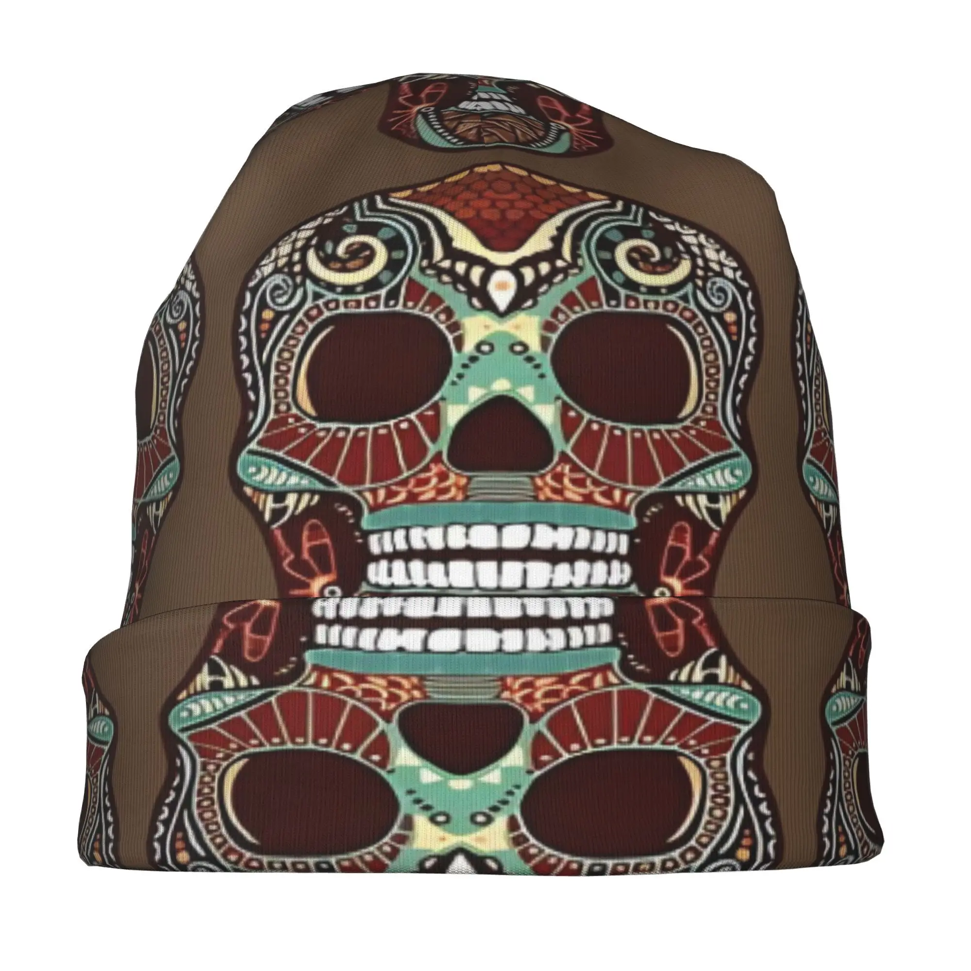 Retro Men's Mexican Sugar Skull Beanie Hat Soft Knit Calavera Design with Vibrant Day of The Dead Patterns Brown