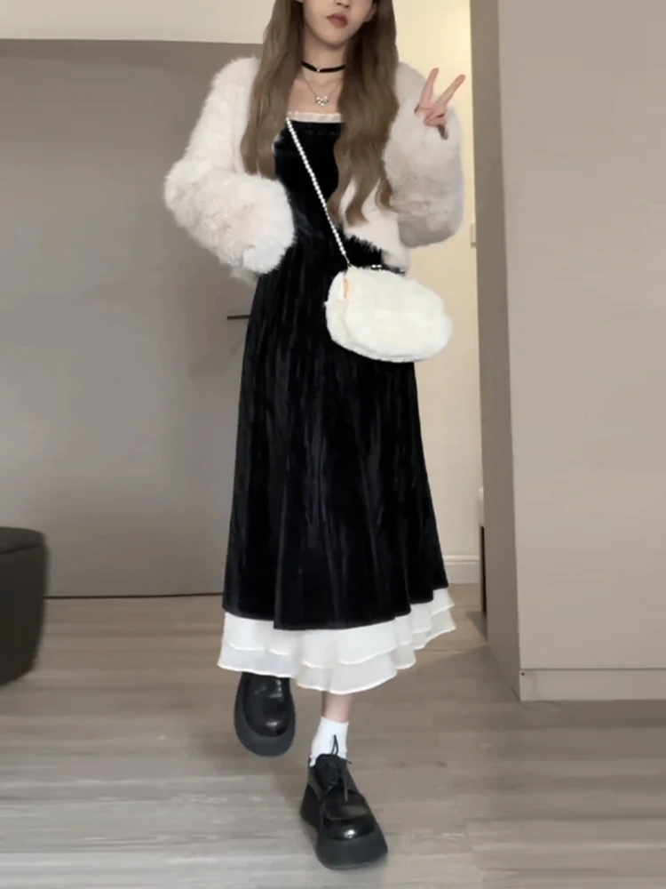 Dress Women Velvet Simple A-line All-match Fashion Square Collar Casual Vintage Comfortable Korean Style Female Elegant Autumn