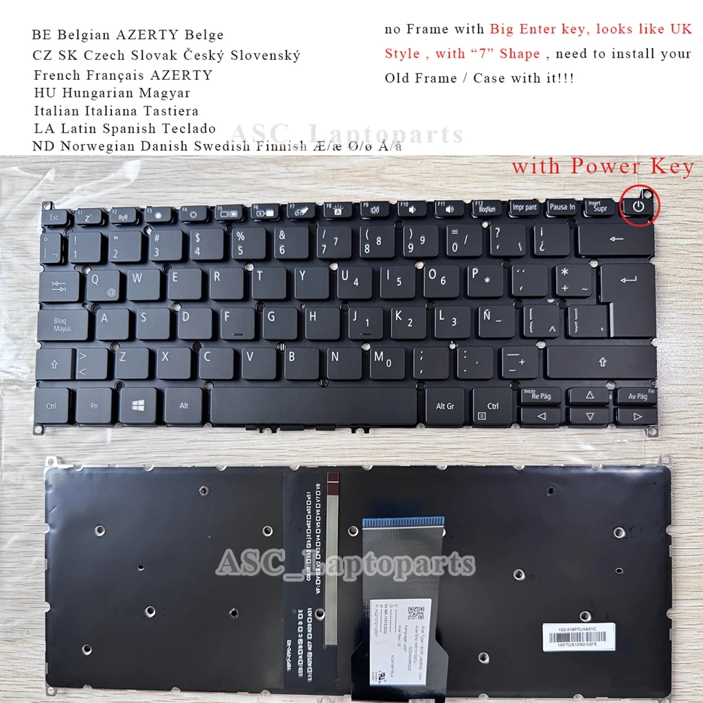 New BE/CS/FR/HU/IT/LA/ND Keyboard for Acer Spin 5 SP513-51 SP513-51-54K0 SP513-51-58FW SP513-52NP SP513-53N BACKLIT , Power Key