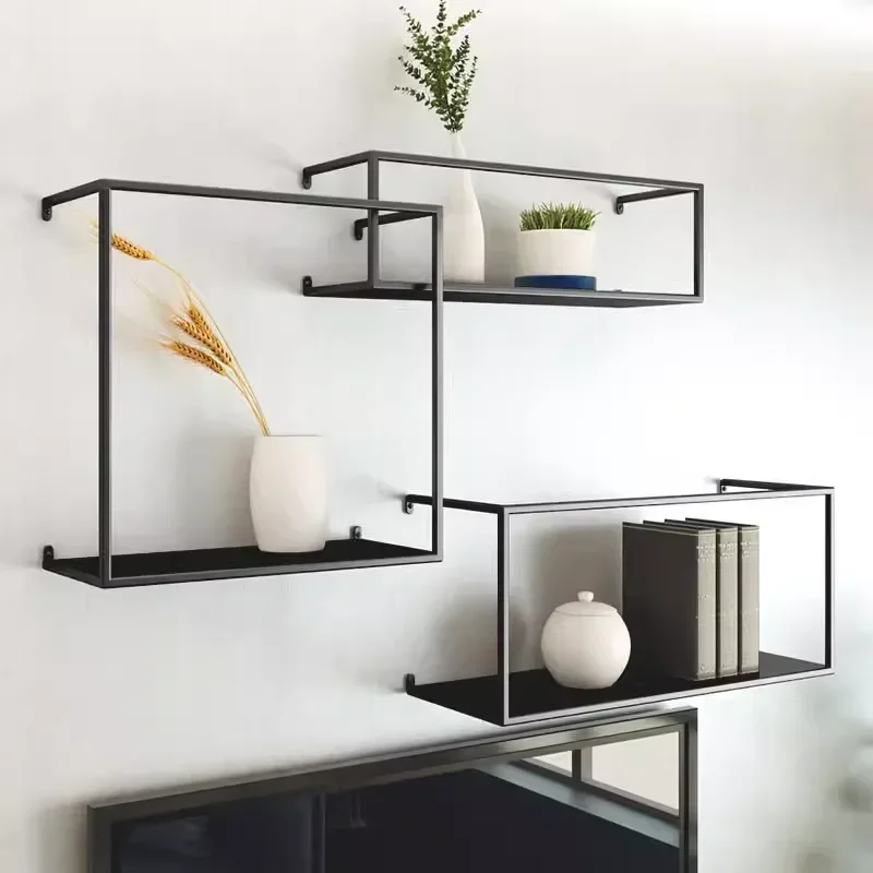 Modern bookshelf simple shelf upper wall wrought iron square decorative rack background wall rack living room wall-mounted