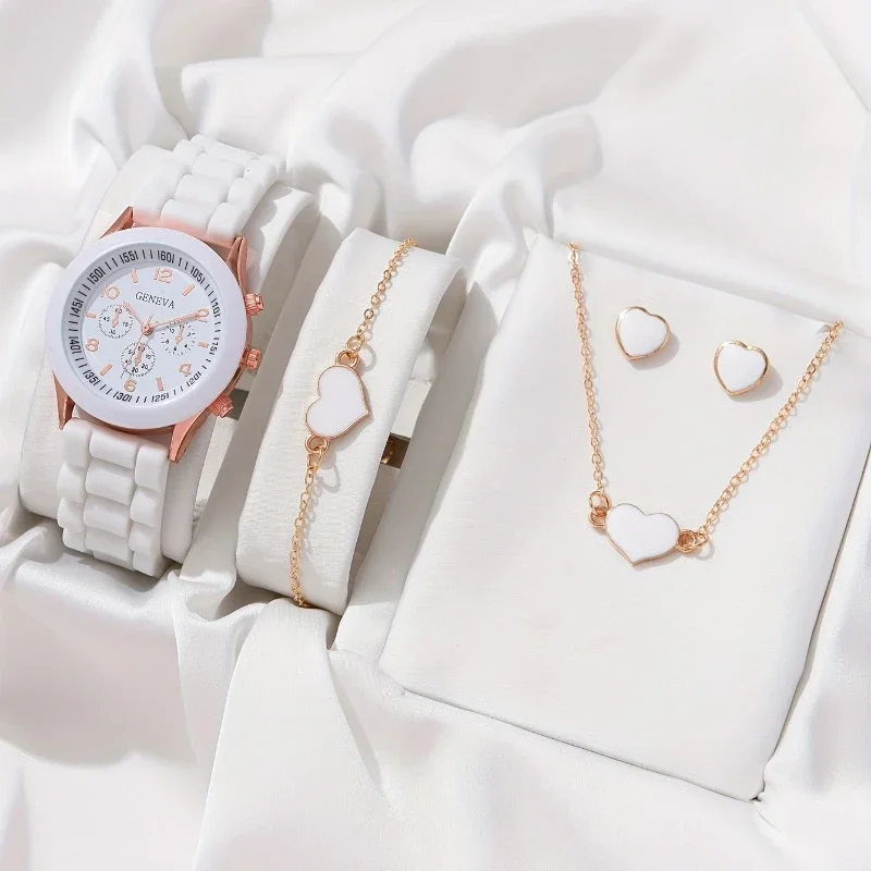 4-Piece Quartz Watch and Heart-Shaped Bracelet Set - Accurate Timekeeping, Casual Fashion Style, Perfect Valentines Gifts